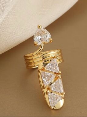 Finger Nail Gold Cubic Zirconia Ring Adjustable size NWT